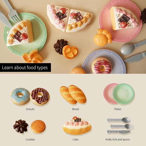 34PCS Set, 4 5 6 7 8 GILOBABY Tea Party Play Food Complete Bakery Pretend Play Toys with Cake, Donuts, Cookies & Plates