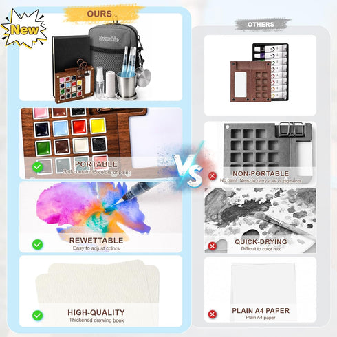 Drmukie Set 15-Color Set Mini Watercolor Paint All-in-One Walnut Wood Travel Watercolor Kit with Crossbody Bag Paint