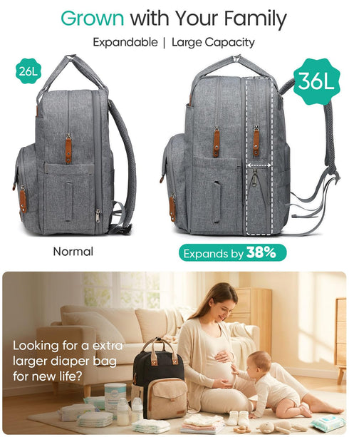 Backpack (26-36L), Qualyphant Extra Large Diaper Bag for Two Kids Twins - Expandable Baby Bag Dual Big Compartments
