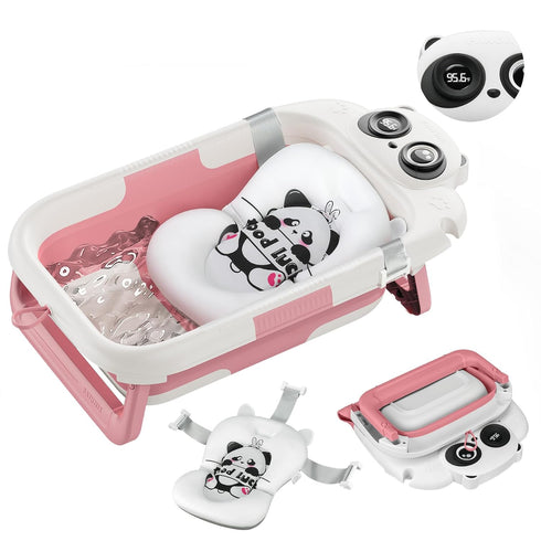 LAUJIA Pink Foldable Baby Bathtub with Cushion & Kneeling Pad, Large Infant Bath Tub with Thermometer & Support Pillow