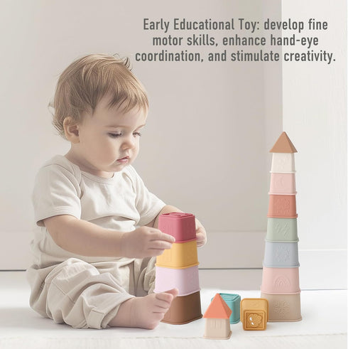 Baby Stacking Cups Toy, Silicone Stacking Tower, Silicone Soft Teething Toy Educational Baby Toys, Baby Building Toys Blocks, 6 Months+, 8 Pcs Set-Gentle