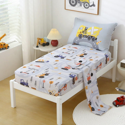 Set 4 Set Grey Construction Cars Toddler Bedding for Boys, Piece Reversible Lightweight Truck Highway Toddler Comforter