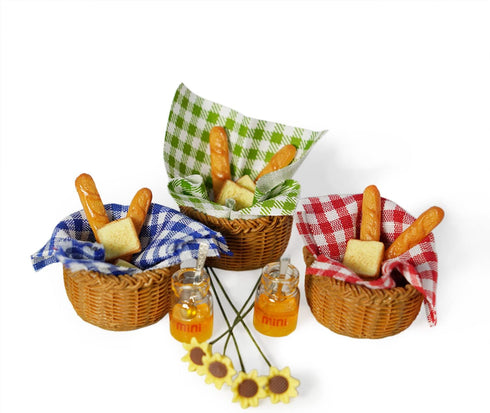 Miniature Food Dollhouse Accessories 9PCS Decor with 1:12 Scale Bread, Honey Basket, Picnic Cloth, and Flowers