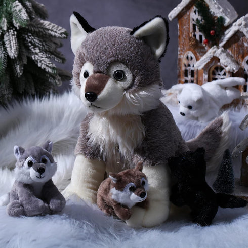 Honoson 5 Pcs Wolf Plush Set - 14 Inch Mommy Wolf Stuffed Animal with 4 Cute Baby Wolves, Soft Plushie Gift