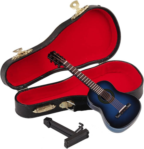 Dselvgvu Wooden Miniature Guitar with Stand and Case, Classic Blue Model for Dollhouse Decoration, 5.12"x1.86"x0.68"