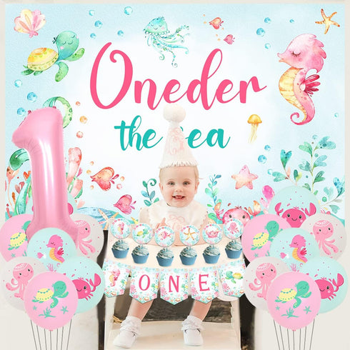 1st Oneder the Sea Birthday Girl Decorations, Under the Sea Ocean Animal Happy Birthday Backdrop Banner High Chair