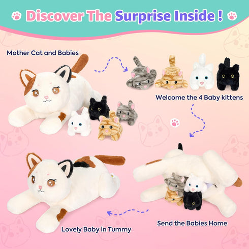 5PC Mommy 4 Onsoyours Original Cat Stuffed Animals with Babies Inside, Kawaii Kiity Plush with & Kittens - Cute