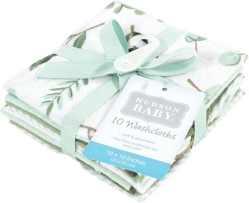 10Pk, Hudson Baby Unisex Baby Flannel Washcloths, Eucalyptus One Size