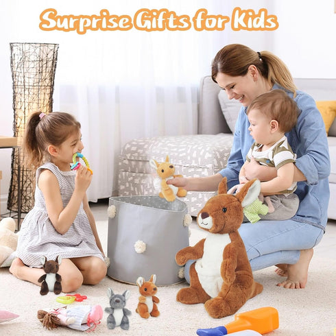 5 1 16'' Mommy 4 Set in Kangaroo Stuffed Animal with Babies, Stuffed Kangaroo Plush Toy with Baby Joey Plush and Pouch