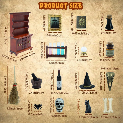 1/12 Set Dollhouse Miniatures Scale Accessories, Wooden Bookshelf Furniture - Magic Bottle&Potion, Witch Frame and Hat