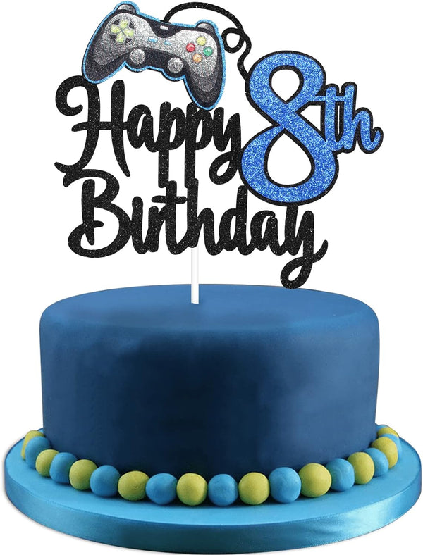 Video Game Happy 8th Birthday Cake Topper - Blue Cake Supplies for Video Game Boy's 8th Birthday Party - Game On Level