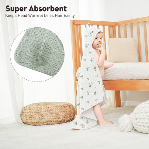 2 Pack 100% Susurration Thick Muslin Baby Towels, Cotton Soft and Absorbent Baby Bath Hooded Towel for Newborn, Infant