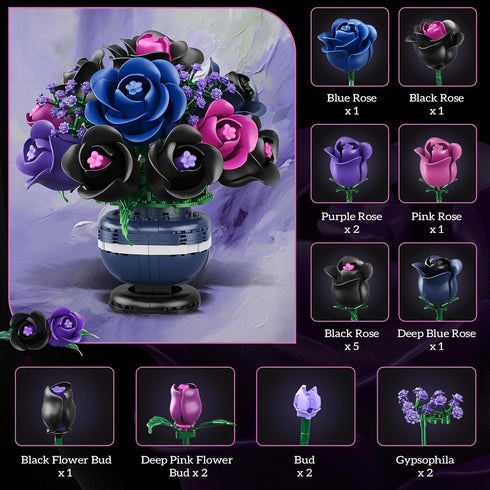 Set 507PCS Set HiWEEGO Flowers Botanicals Building - Artificial Purple Black Rose Bonsai Plant for Home Decor