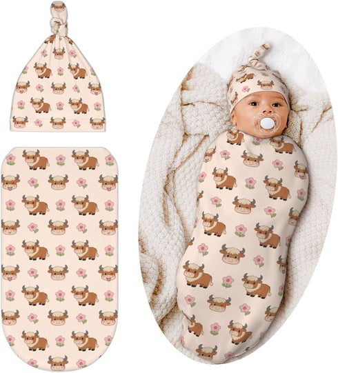 Qwalnely Cow Swaddle Blanket with Hat for Baby, Swaddling Highland Cow Baby Stuff