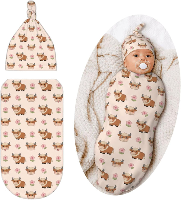 Qwalnely Cow Swaddle Blanket with Hat for Baby, Swaddling Highland Cow Baby Stuff