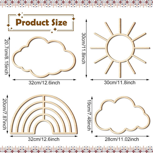 4 Pieces Boho Nursery Cloud Star Wall Decor Wooden Babyroom Moon Rattan Wall Decor Wooden Rainbow for Children Baby