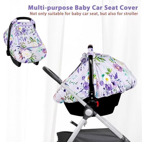 Car Seat Cover Baby Girl, Warm Winter Carseat Cover for Baby, Purple Floral Infant Car Seat Canopy with Peep Window
