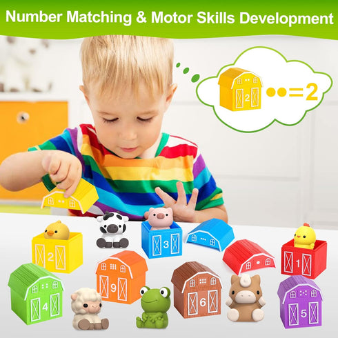 Learning Toy for Toddlers 1-3, 10 Farm Animal Toys & Barns, Montessori Educational Sensory Gift