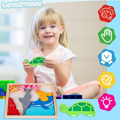 LovesTown 12PCS Wooden Stacking Puzzles, Educational Sea Animal Chunky Jigsaw Puzzles for Kids