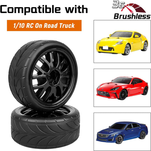 RC On Road Touring Tires and Wheels, Pre-Glued Set of 4 for 1/18 Traxxas Latrax Teton 1/10 4-Tec 2.0 3.0
