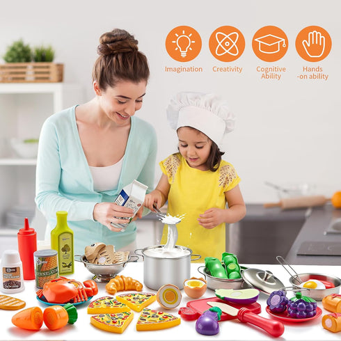 52pc Playset Set Kidsciety Pretend Play Accessories - Kids Kitchen with Play Food, Stainless Steel Cookware, Toys Pots