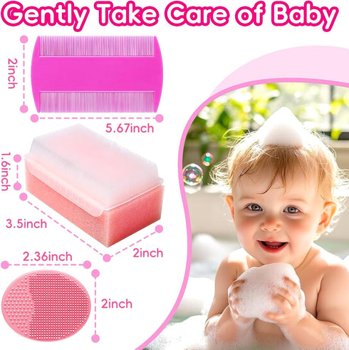 Set 5) Cradle Cap Brush for Babies, Baby Bath Essentials with Silicone Scrubber Bath Sponge Dual-Sided Comb