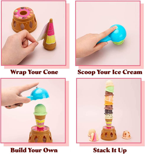 Set Ice Cream Toy Stacking Tower - Balancing and Stackable Scoop Ice Cream for Toddlers, Kids Pretend Food Play Kitchen