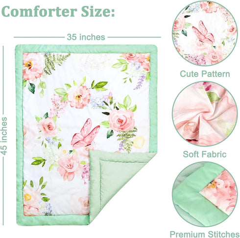 4 Set Set Set Piece Crib Bedding for Girls, Baby Girl Crib Bedding Butterflies Floral Nursery Bedding Includes