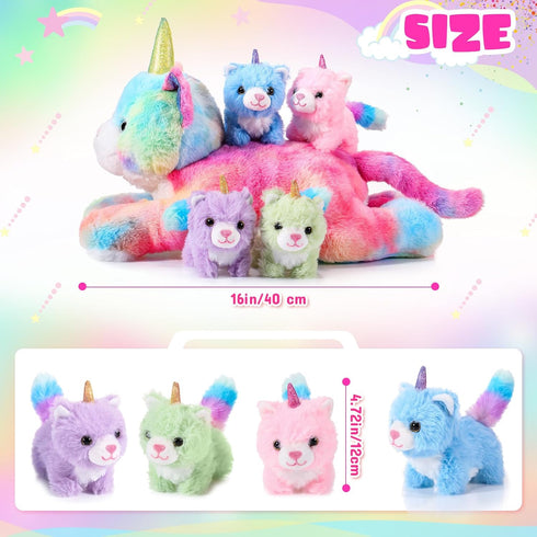 5 Set 16 Inch Mommy 4 Set Pieces Caticorn Plush Toy Cat Unicorn Stuffed Animal with Cute Plush Baby Kittens Pastel