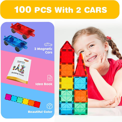 Gemmicc 100 2 PCS Magnetic Tiles with Cars, STEM Approved Educational Magnet BuildingToys, Magnet Puzzles Stacking