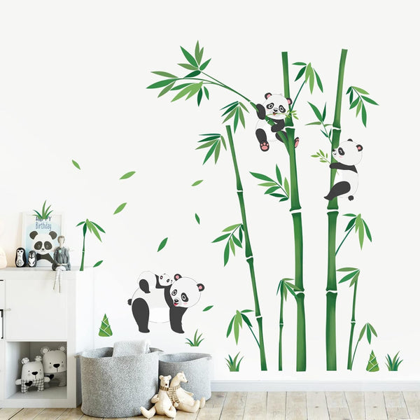 wondever Panda and Bear Wall Stickers, Bamboo Green Plants Peel and Stick Decals for Kids Bedroom (H: 46 inches)
