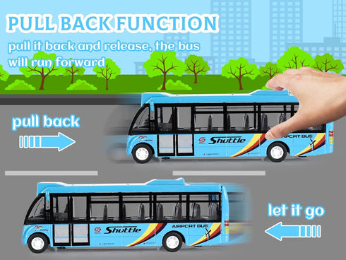 City Bus Toys Cars, Die-Cast Metal Airport Cars for Boys 3-8 Years Old, Pull Back Blue Play Vehicle with Sound