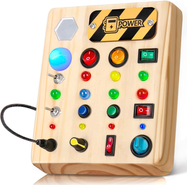 Busy Board Montessori Toys for Toddlers - Wooden Sensory Board with Shape Sorter, LED Light Up Educational Toy