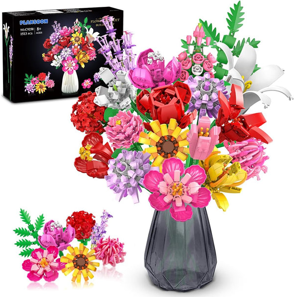 Flower Bouquet Building Set, 1488 PCS Botanical Collection, 18 Flowers Models Birthday Gift for Adults & Kids