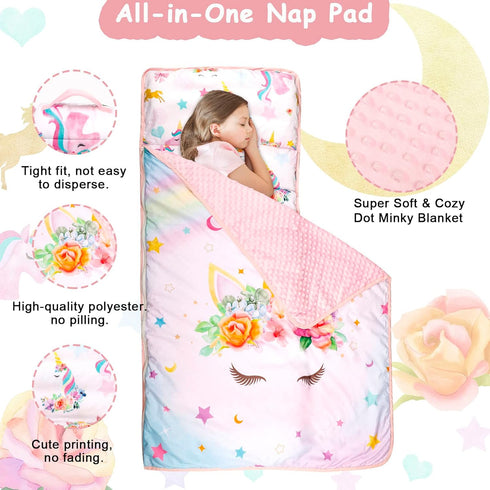 Toddler Nap Mat with Removable Pillow and Soft Dot Minky Blanket, Extra Large Unicorn Napping Mats for Kids
