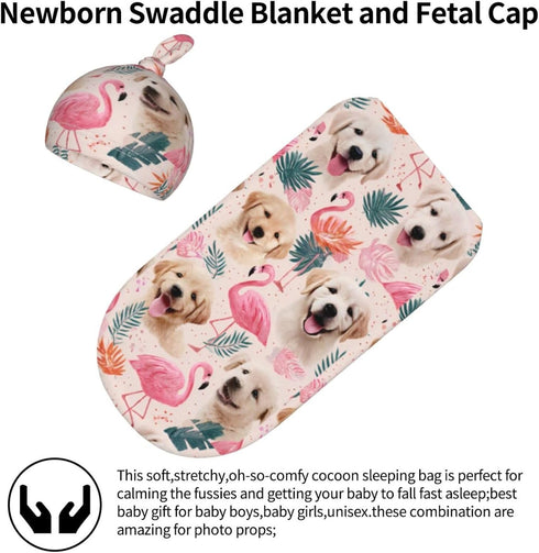 Nanyizly Set 0-6m Cute Puppies Flamingos Leaves Newborns Beanie Swaddle Blanket Baby Receiving Blankets for Infant Boy
