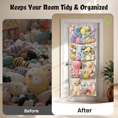Hammock Over Door Large-Capacity Stuffed Animal Storage with Metal Hook & Wooden Stick, Hanging Plush Animal Bear Doll