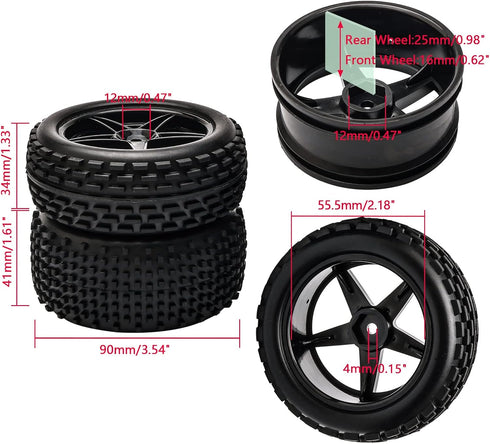JIUWU 1:10 Scale Off Road RC Buggy Front Wheels and Tyres x4 Black 5 Spoke for HSP