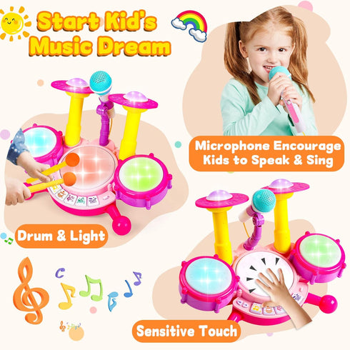 Kids Drum Set for Toddlers 1-3 - Musical Baby Girl Toys, Educational Microphone Instruments for 1 Year Old Gifts