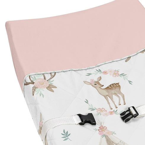 Blush Pink, Mint Green & White Woodland Deer Floral Changing Pad Cover by Sweet Jojo Designs