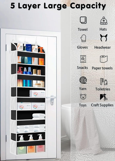 1 Pack Over The Door Storage Organizer with 5 Pockets, 10 Mesh Side Pockets, 44 lbs Capacity for Bedroom and Bathroom