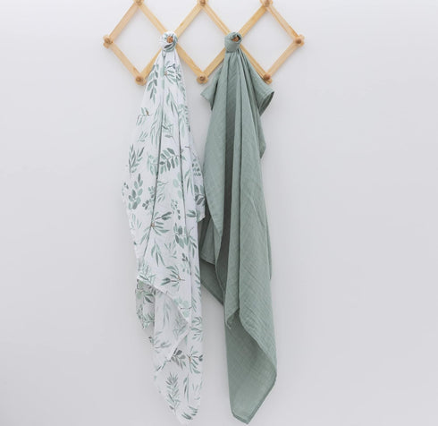 2 Pack 47" 47" Organic Baby Muslin Swaddle Blankets for Boy or Girl - Eucalyptus Leaves and Sage Swaddling Blanket