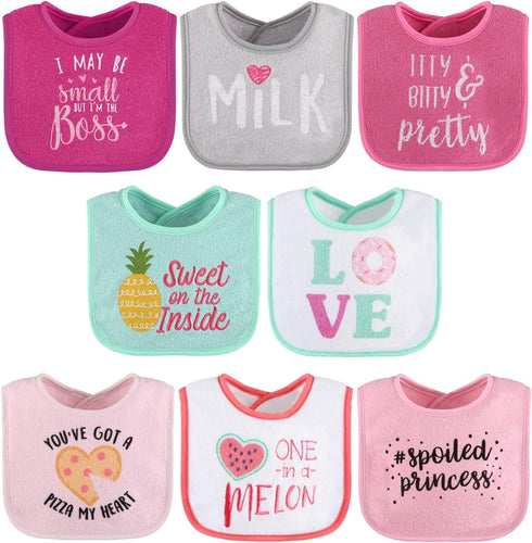 The Peanutshell Baby Girl Terry Bib Set of 8, 100% Cotton, Soft Absorbent Bibs for Newborn & Infant - Pink