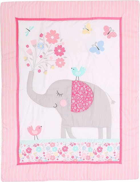 JAHbaby 3 Set Set PCs Pink Embroidery Elephant Nursery Crib Bedding Quilt Fitted Sheet Skirt Baby Girl Elephant Themed