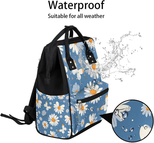Hsnar Backpack Daisy Flower Butterfly Waterproof Diaper Bag Large Capacity Baby Bag with Stroller Straps, Multi-Pocket