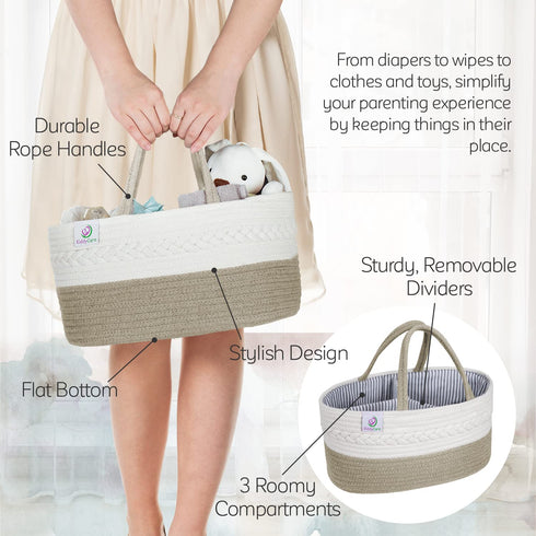 KiddyCare Woven Diaper Caddy Organizer, Large Gray Multi Functional Portable Baby Basket with Handle, Baby Gift