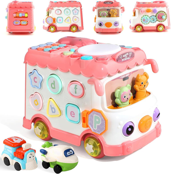 Montessori Toy for 1+ Year Old Girls, 10-in-1 Musical Learning Bus Baby
