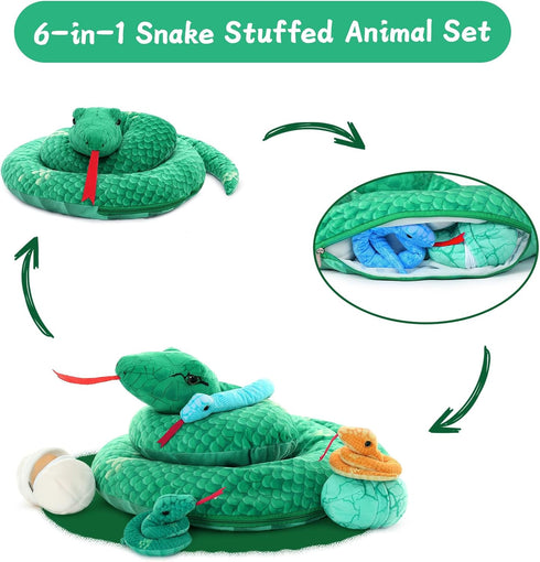 Muiteiur Giant 6 Piece Snake Stuffed Animal - 55 inch Mommy Snake with 3 Baby Snakes & 2 Eggs, Green Plush Toy