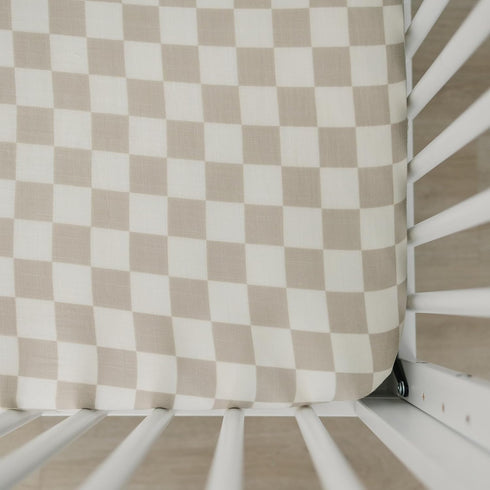 Taupe Checkered Muslin Crib Sheet by Mebie Baby, Soft and Breathable Bed