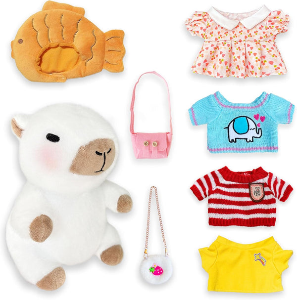 Capybara Plush Toy with 7 Pcs Clothes & Accessories, Cute Stuffed Animal with Outfits (white)